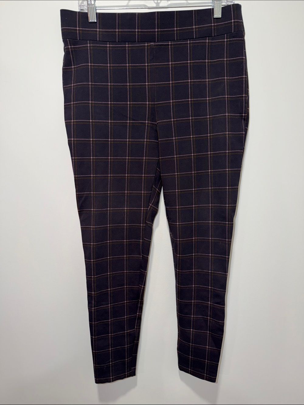 LOFT L Purple Pink Rust Windowpane Plaid Ponte Knit High Waist Leggings